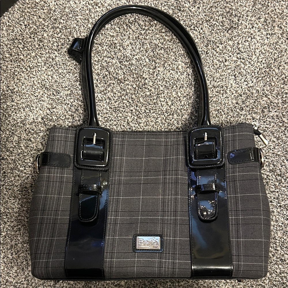 Beijo Gray Plaid Handbag with Black Accents